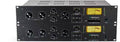 Stereo pair of black rackmount audio processing units with knobs, buttons, meters, and power controls.