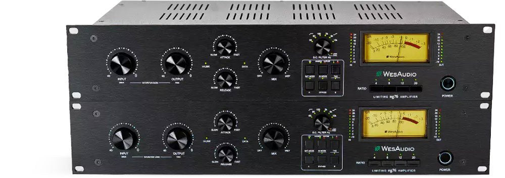 Stereo pair of black rackmount audio processing units with knobs, buttons, meters, and power controls.