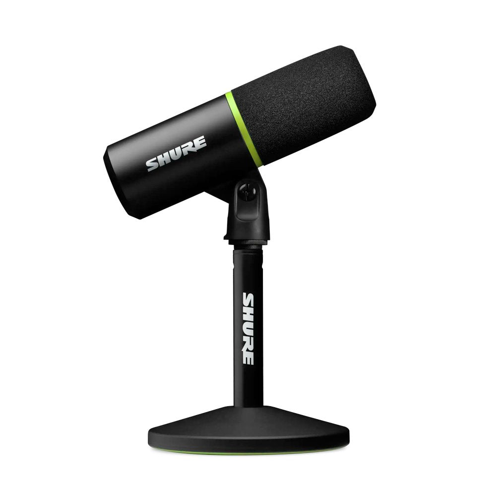Black SHURE microphone with foam cover mounted on a black stand with green accents.