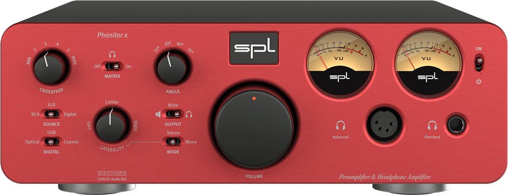 Red and black SPL Phonitor x headphone amplifier with knobs, switches, VU meters, and headphone outputs.