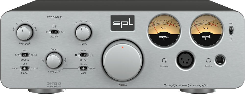 Front panel of a silver SPL Phonitor x preamplifier and headphone amplifier with knobs, switches, VU meters, and headphone jacks.
