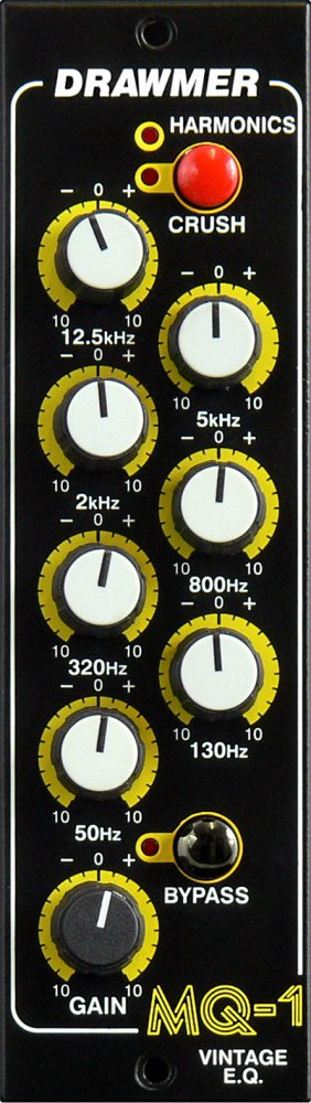 Black audio processor module front panel with multiple rotary knobs and two toggle switches labeled with frequency bands and gain.