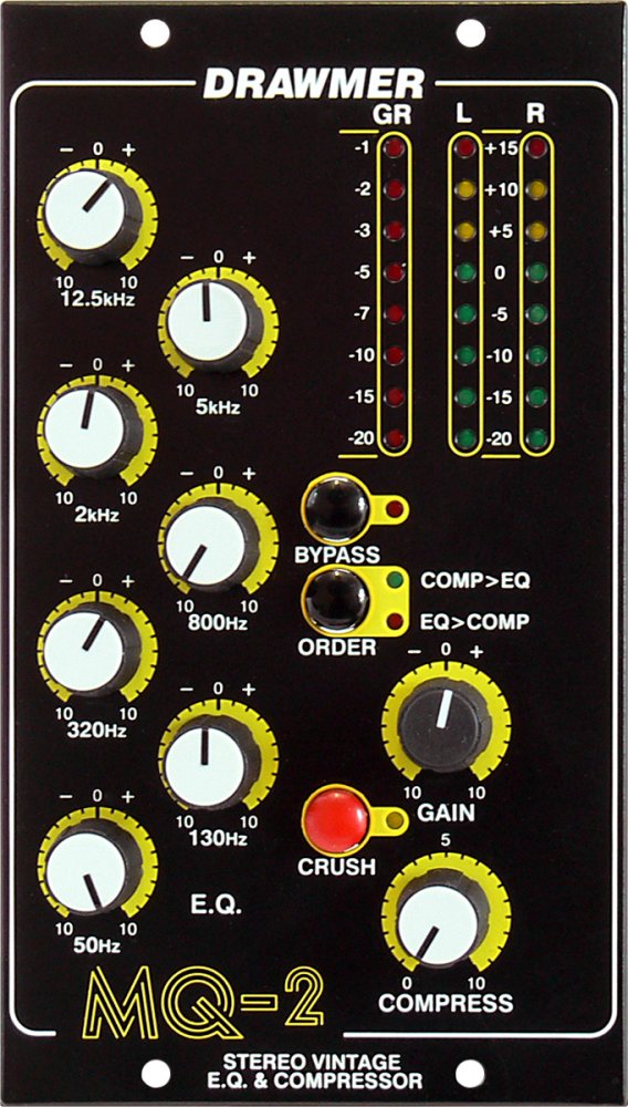 Front panel of a Drawmer MQ-2 stereo vintage EQ and compressor with knobs, switches, and LED meters.