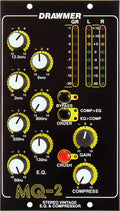 Front panel of a Drawmer MQ-2 stereo vintage EQ and compressor with knobs, switches, and LED meters.