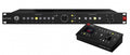 Two black Antelope Audio monitor controllers, one rack unit and one desktop unit with buttons, knobs, and headphone jacks.