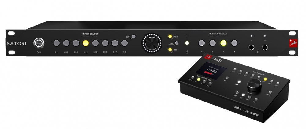 Two black Antelope Audio monitor controllers, one rack unit and one desktop unit with buttons, knobs, and headphone jacks.