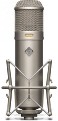 Front view of a silver microphone with a mesh grille and shock mount featuring United branding and model name UT Twin48.