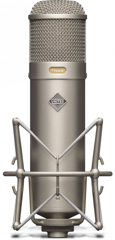 Front view of a silver microphone with a mesh grille and shock mount featuring United branding and model name UT Twin48.