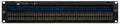 Black patchbay panel with two rows of 48 gold 1/4 inch jacks and blue labeling on front.