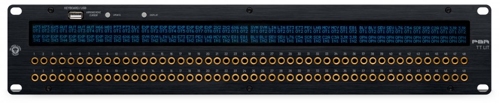 Black patchbay panel with two rows of 48 gold 1/4 inch jacks and blue labeling on front.