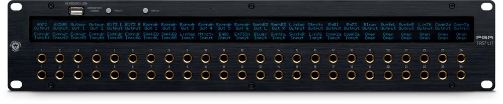 Black Lion Audio patchbay with 24 pairs of 1/4 inch TRS jacks and detailed labeling above each jack.