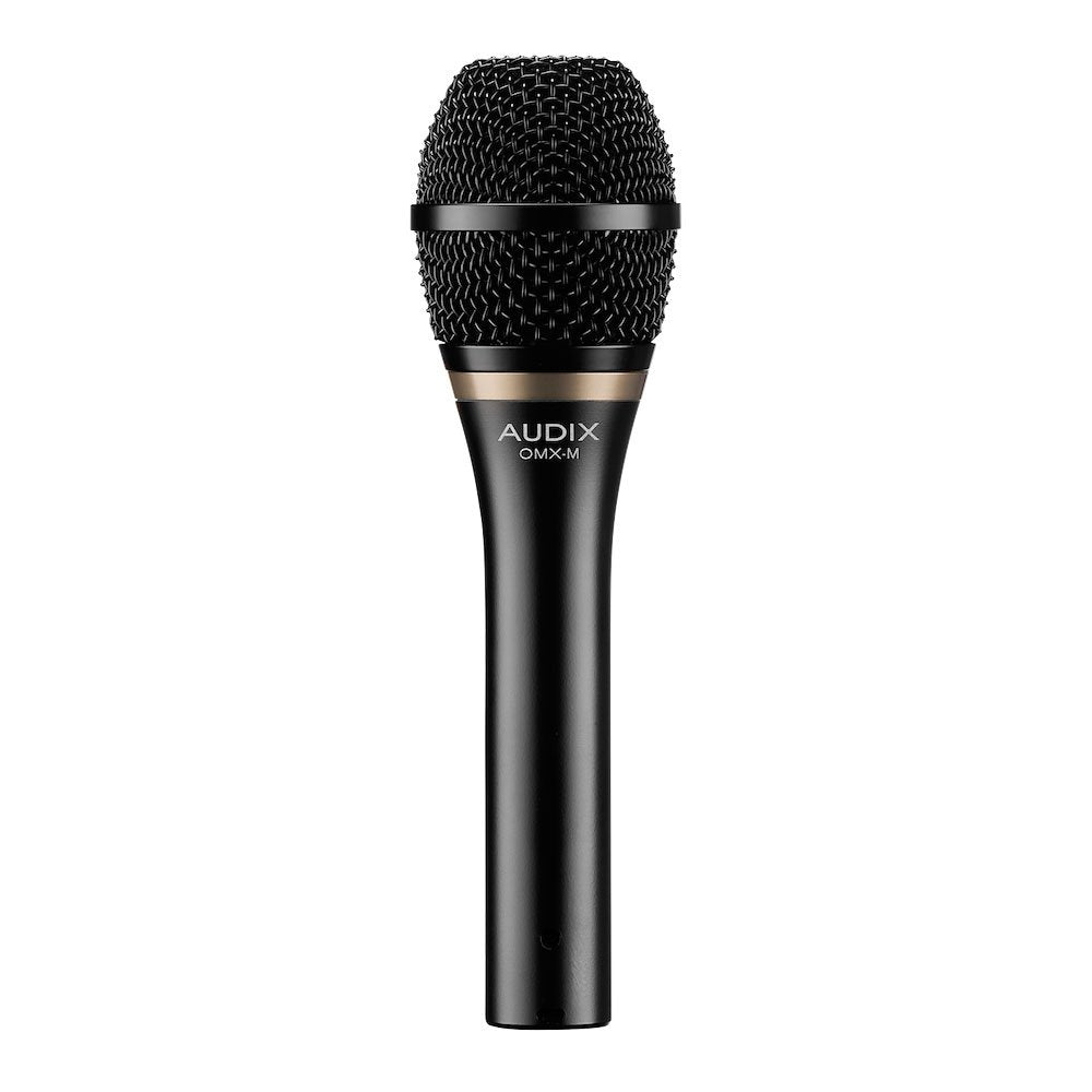 Black handheld microphone with mesh grille and Audix OMX-M branding on the handle.