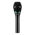 Black handheld microphone with mesh grille and green ring, labeled AUDIX OMX-E.