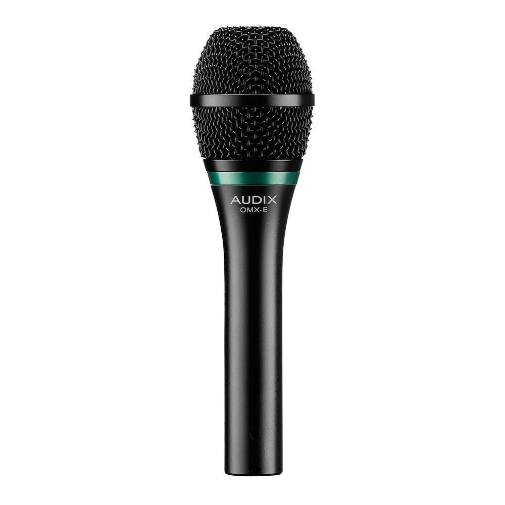 Black handheld microphone with mesh grille and green ring, labeled AUDIX OMX-E.