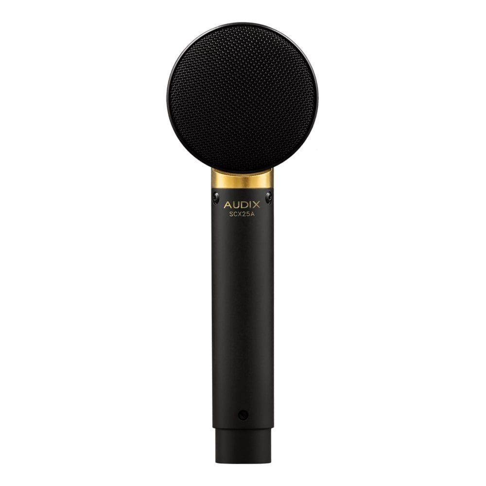 Black and gold microphone with a round mesh head and XLR connector at the base.