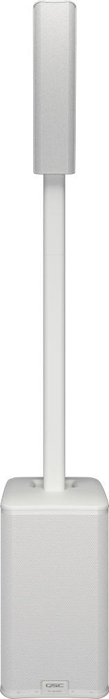 White vertical speaker system with a subwoofer base and a slender speaker array on a stand.