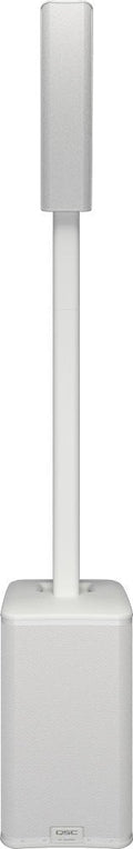 White vertical speaker system with a subwoofer base and a slender speaker array on a stand.