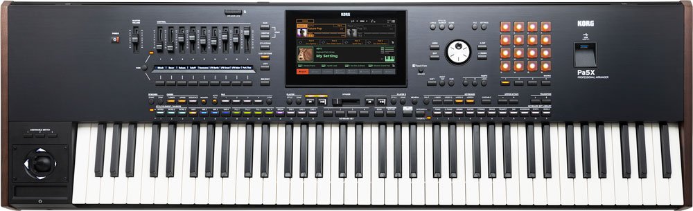 Black keyboard synthesizer with white and black keys, touchscreen, multiple controls, and orange-lit buttons.