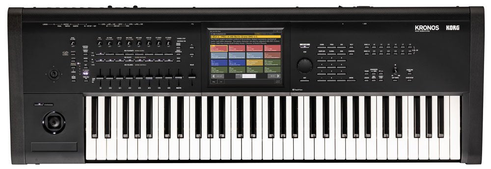 Black synthesizer keyboard with multiple controls, a display screen showing colored interface, and a joystick on the left.