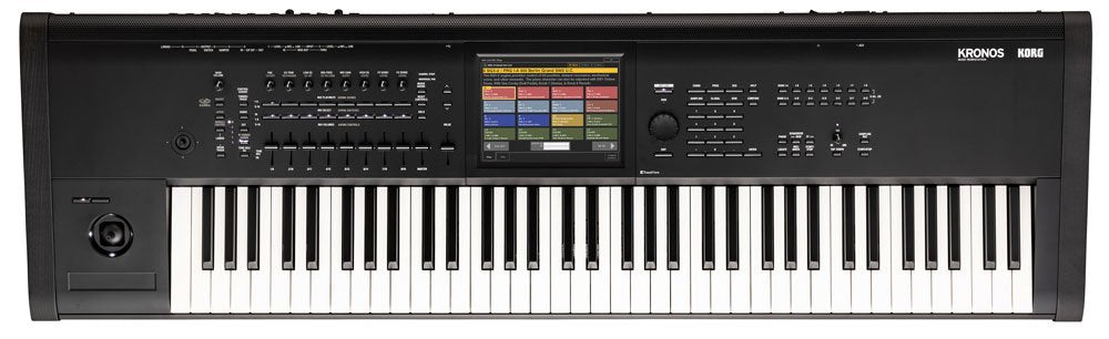 Black synthesizer with multiple keys, faders, buttons, rotary knobs, joystick, and a colored touchscreen display in the center.