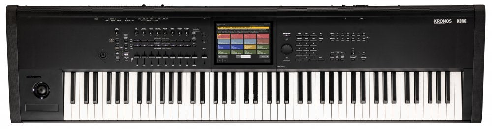 Black keyboard synthesizer with multiple keys, knobs, faders, buttons, a joystick, and a central color touchscreen display.