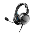 Black over-ear wired headphones with attached boom microphone and adjustable headband.