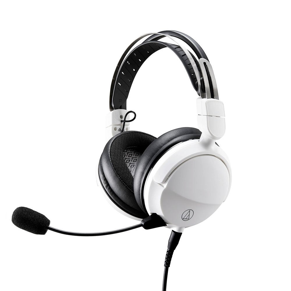 White and black over-ear headphones with an attached boom microphone and wired connection.