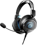 Black over-ear wired headphones with padded ear cushions and an attached flexible microphone boom on a white background.