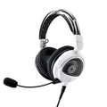 White and black over-ear headphones with mesh ear cups and an attached flexible microphone on a wired cable.