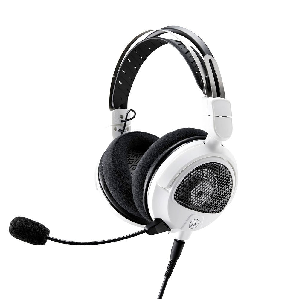 White and black over-ear headphones with mesh ear cups and an attached flexible microphone on a wired cable.