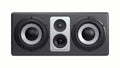 Front view of a rectangular black studio monitor speaker with two large drivers and two smaller drivers in the center.