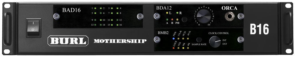 Front panel of a Burl audio Mothership rack unit with switches, LED indicators, control knob, and a 1/4 inch jack connector.