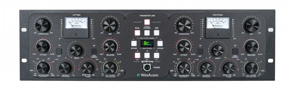 Front panel of a WesAudio ngTubeComp audio processing unit with controls, meters, and parameter link buttons.
