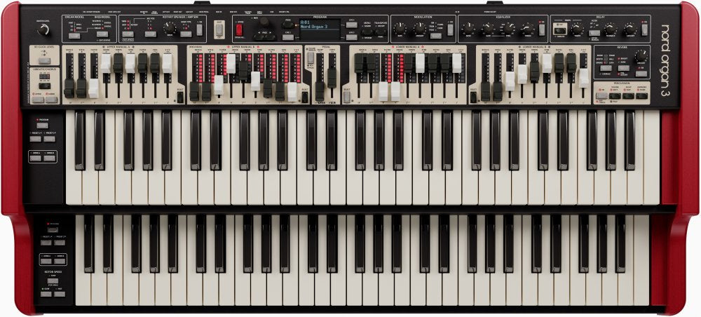 Top view of a red dual manual keyboard organ with multiple sliders, knobs, switches, and buttons on the control panel.