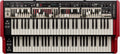 Top view of a red dual manual keyboard organ with multiple sliders, knobs, switches, and buttons on the control panel.