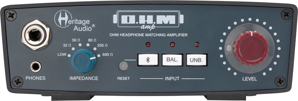 Front panel of a Heritage Audio O.H.M. headphone matching amplifier with headphone jacks, impedance knob, buttons, and level control.