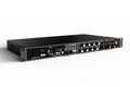 Black rack-mount audio unit with input combo jack, multiple knobs, switches, and LED indicators on the front panel.