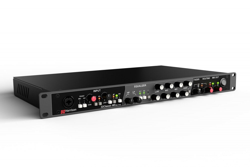 Black rack-mount audio unit with input combo jack, multiple knobs, switches, and LED indicators on the front panel.
