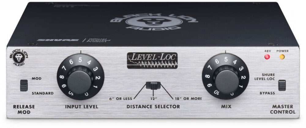 Front panel of a Black Lion Audio Level-Loc with knobs, switches, and LED indicators on a metal faceplate.