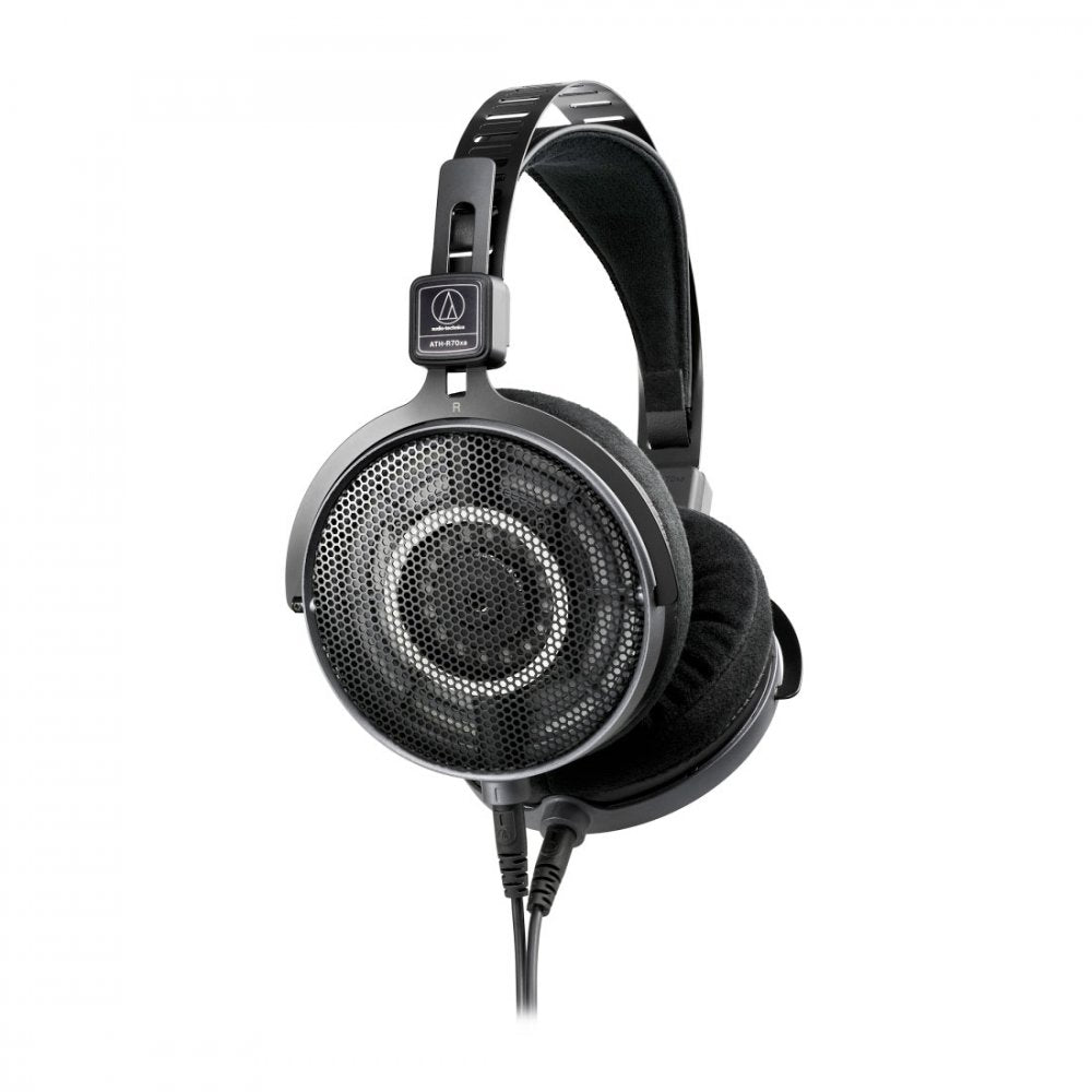 Black over-ear open-back headphones with metal mesh ear cups and dual detachable cables, shown from angled front view.