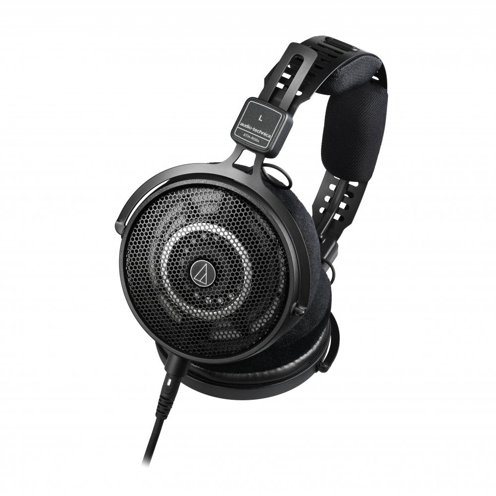 Black open-back over-ear wired headphones with padded headband and mesh ear cups labeled L and audio-technica ATH-R50x.
