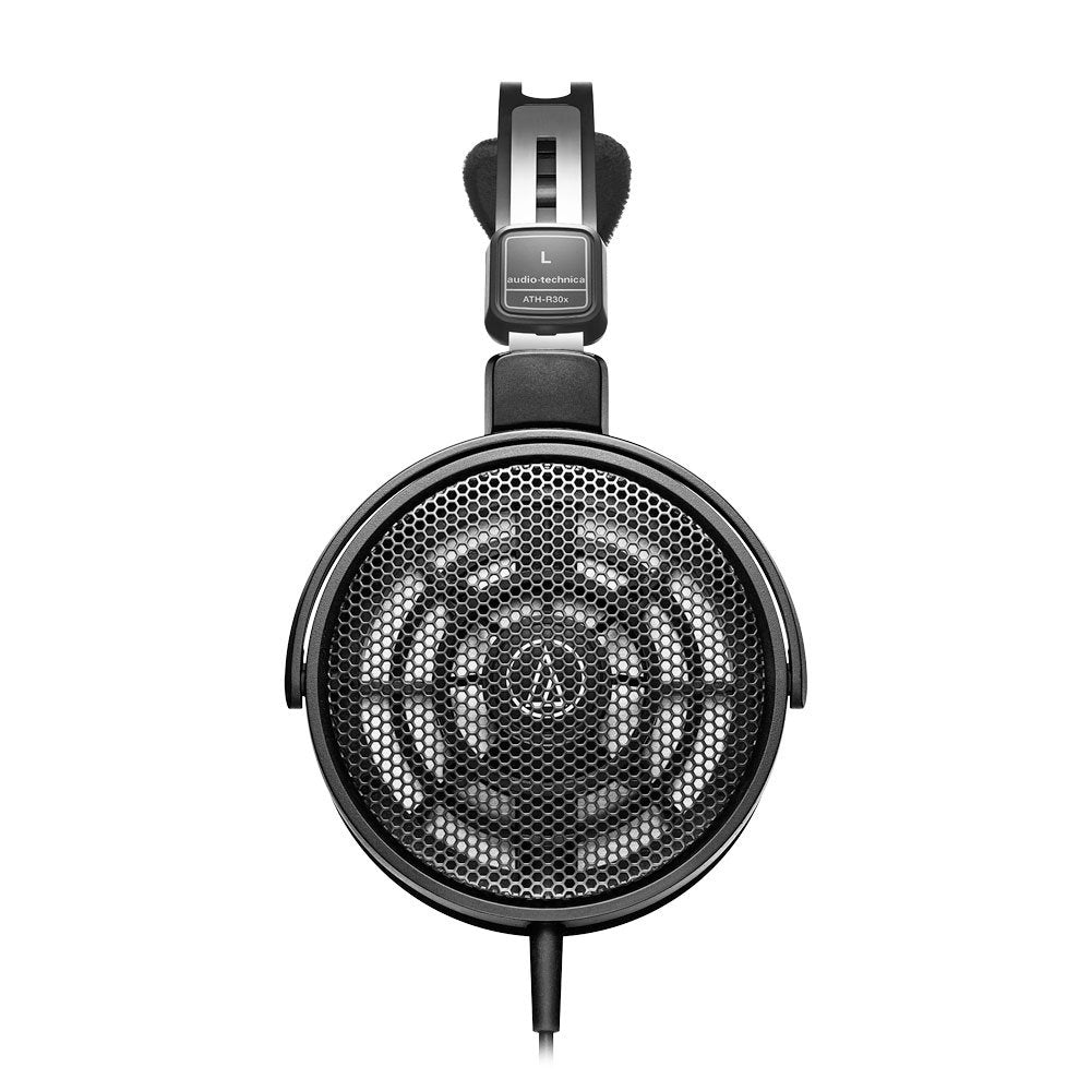 Black and silver Audio-Technica ATH-R30x headphone earcup with visible mesh grille and attached cable.