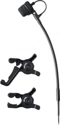Black gooseneck microphone with foam windscreen and two black adjustable clips.