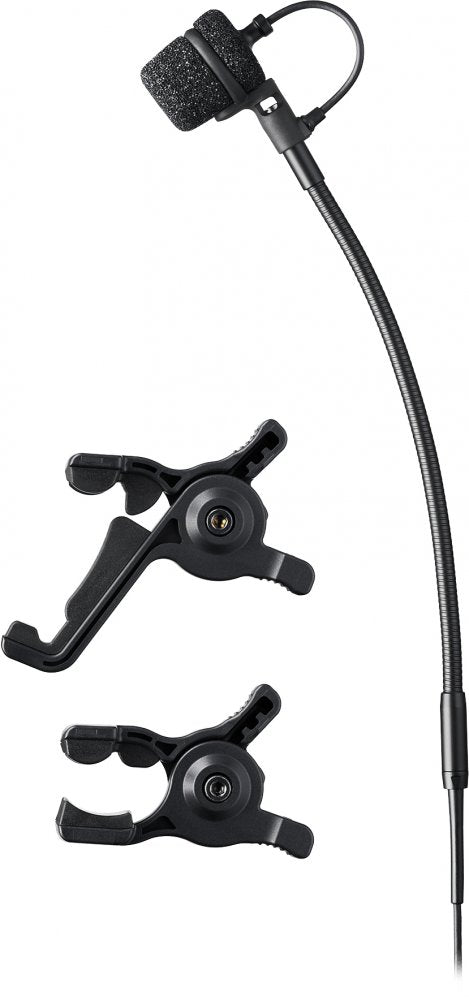 Black gooseneck microphone with foam windscreen and two black adjustable clips.