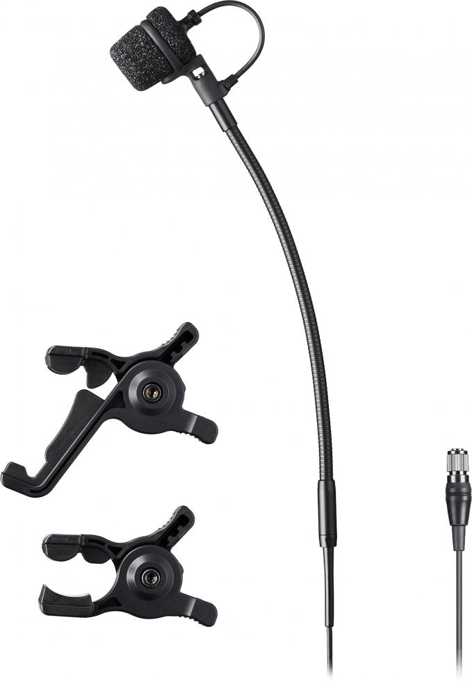 Black microphone with foam windscreen, flexible arm, two black mounting clips, and multi-pin circular connector cable.