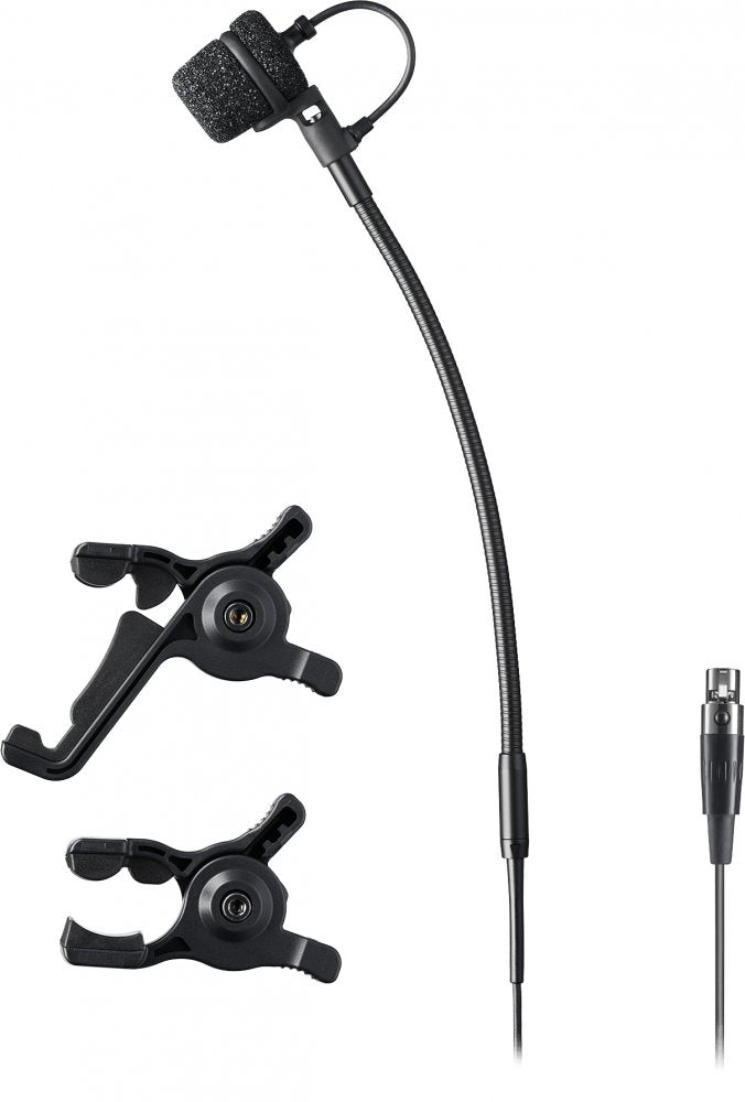 Black gooseneck microphone with foam windscreen and two black adjustable clamps on a white background.