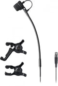 Black gooseneck microphone with foam windscreen and two black adjustable clamps on a white background.