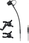 Black gooseneck microphone with foam windscreen, two plastic mounting clips, and a 3.5mm audio connector cable.