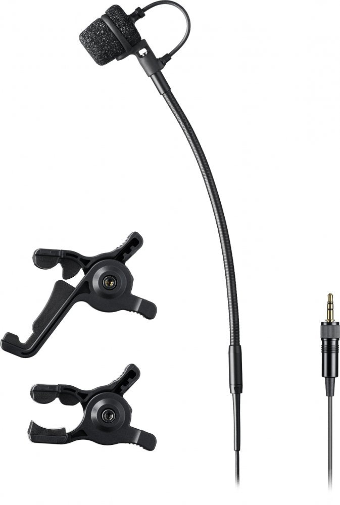 Black gooseneck microphone with foam windscreen, two plastic mounting clips, and a 3.5mm audio connector cable.