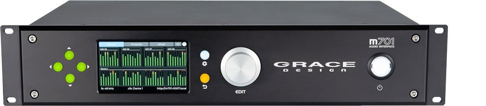Black rack-mount audio interface with display screen, control buttons, and a rotary knob labeled Edit.